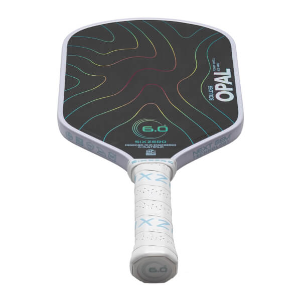 Front view of a pickleball paddle with a dark gray surface, colorful wavy lines, and "BOULDER OPAL" text.