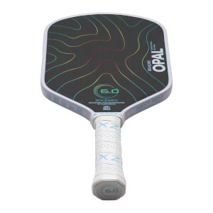 Front view of a pickleball paddle with a dark gray surface, colorful wavy lines, and "BOULDER OPAL" text.