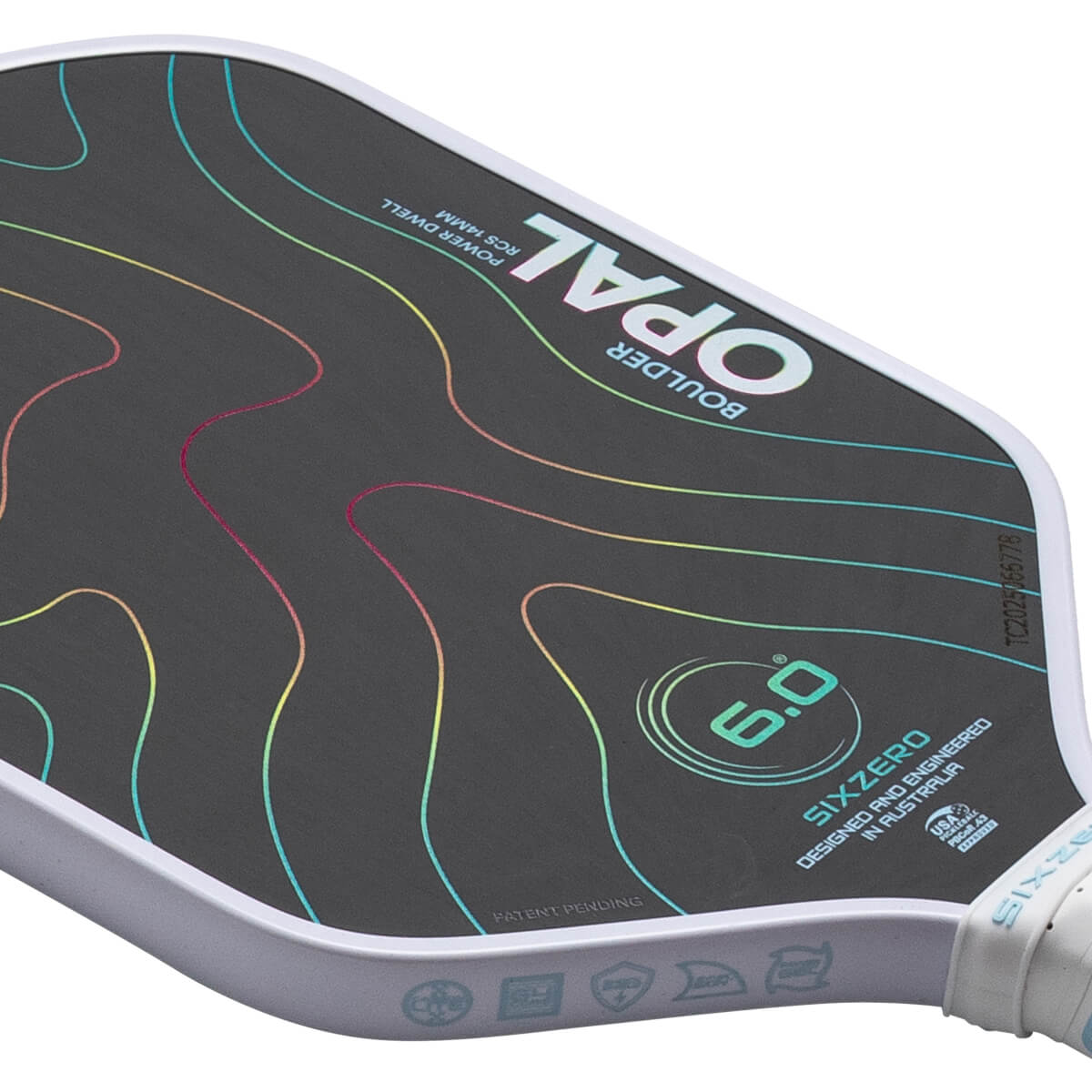 Top-down view of a pickleball paddle showing the "OPAL" logo, colorful contour lines, and "6.0" in a circle.