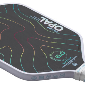 Top-down view of a pickleball paddle showing the "OPAL" logo, colorful contour lines, and "6.0" in a circle.