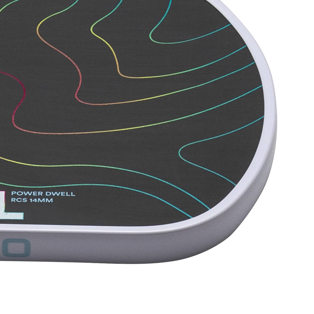 Corner view of a dark grey paddle with colorful wavy lines and "POWER DWELL RCS 14MM" text.