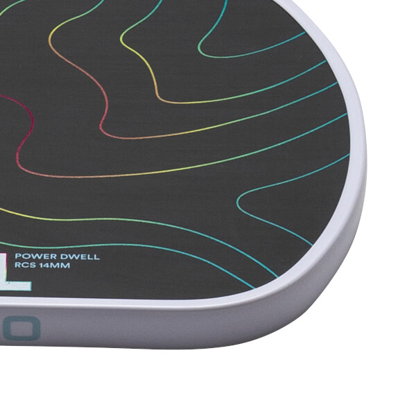 Corner view of a dark grey paddle with colorful wavy lines and "POWER DWELL RCS 14MM" text.