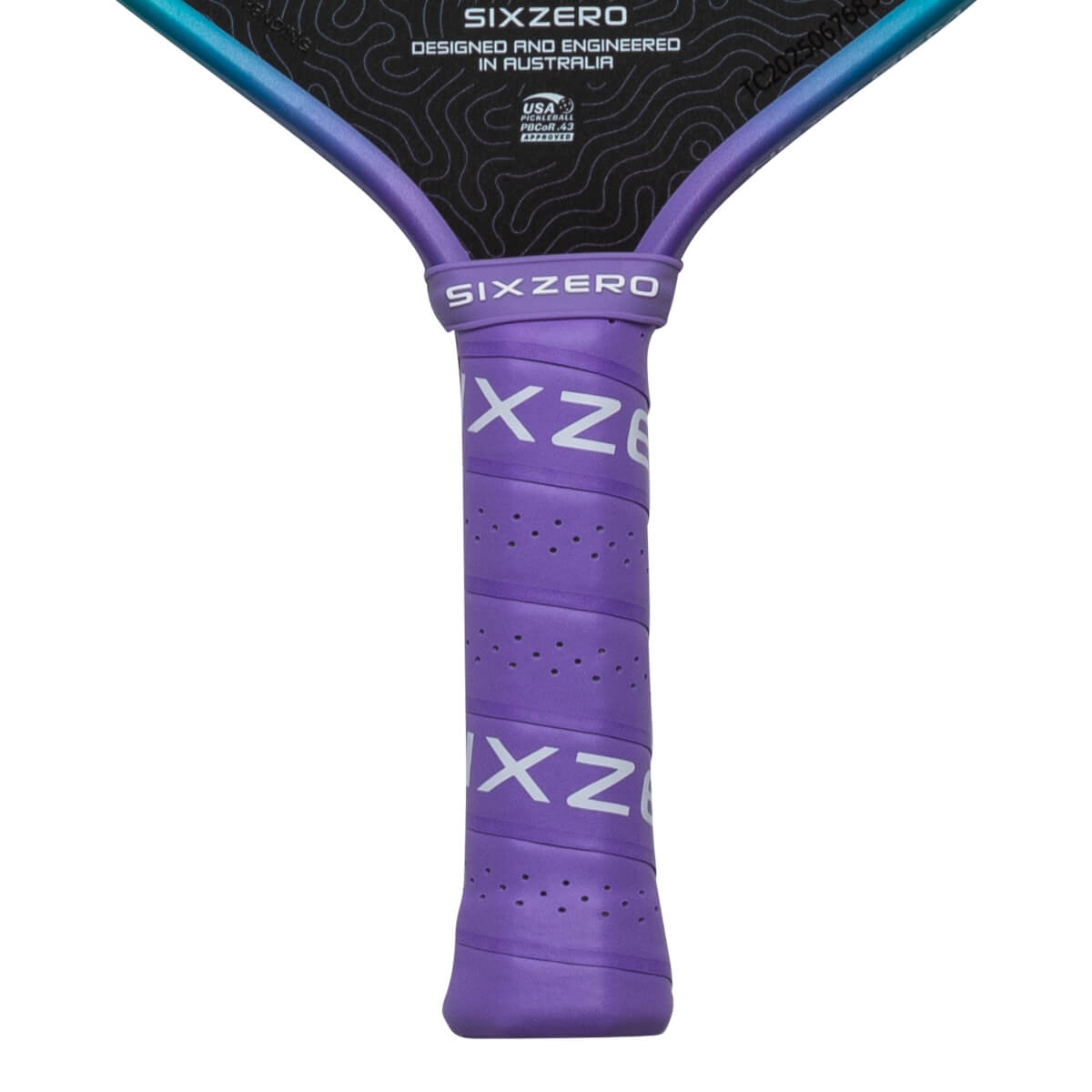 Close-up of a purple pickleball paddle grip with "SIX ZERO" and "XZ8" visible.