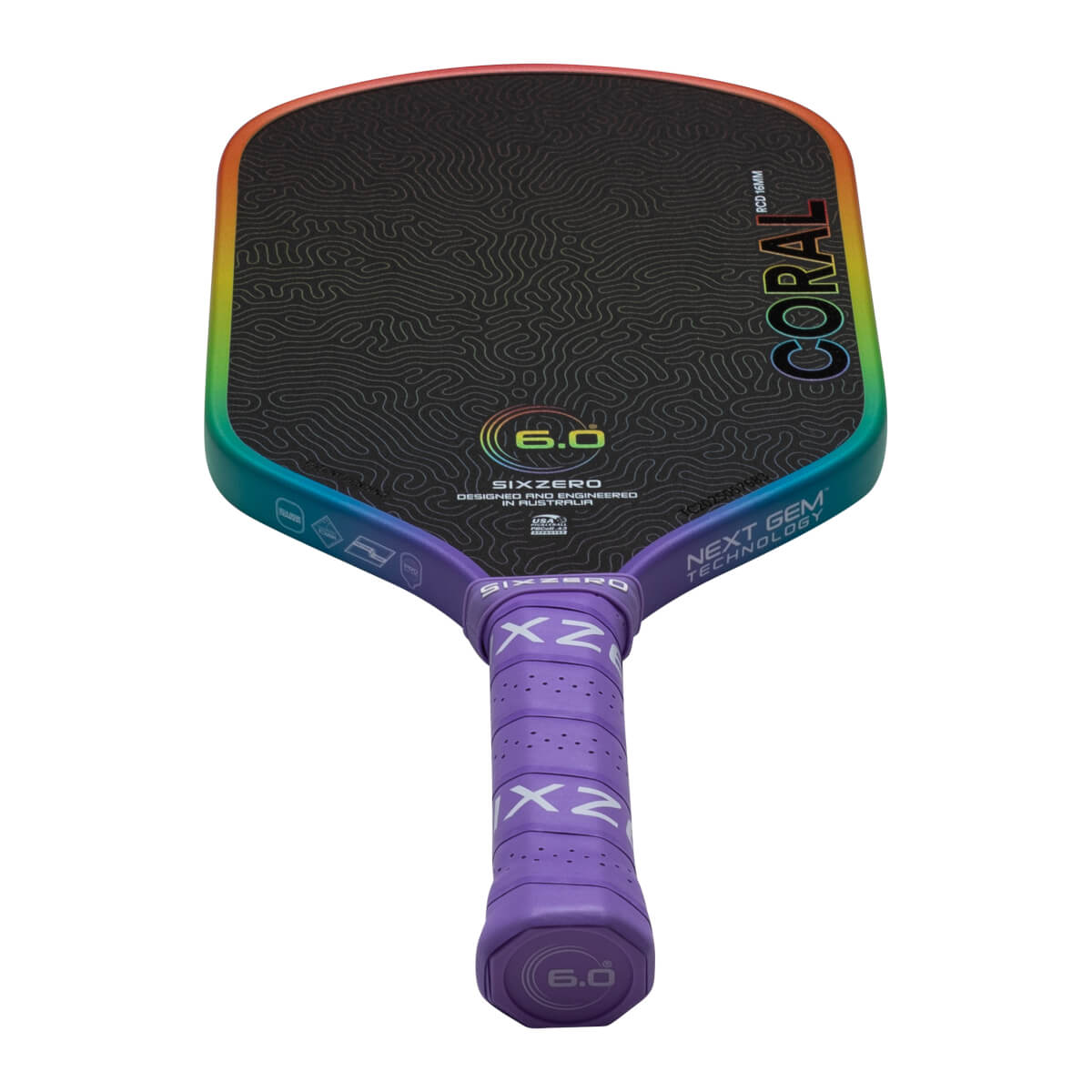 Top-down view of a pickleball paddle with a rainbow gradient edge, black textured face, and purple grip with "X2" branding.