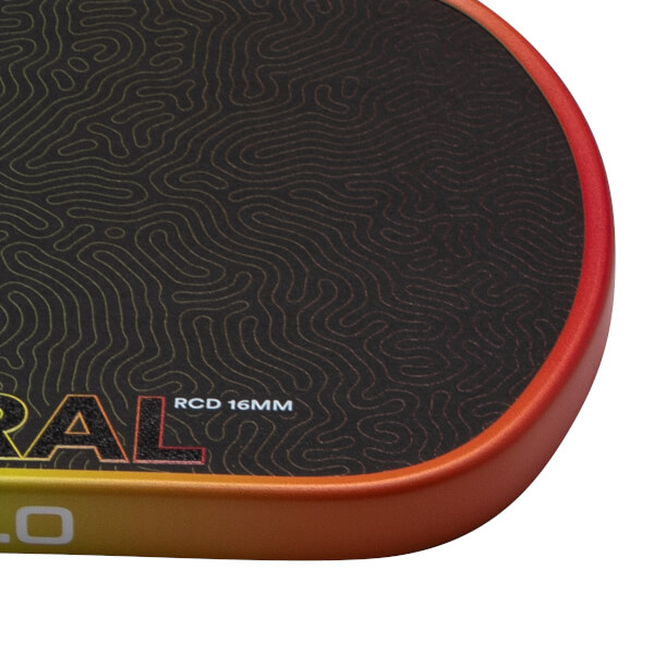 Corner view of a black paddle with a topographic map design and "RAL" and "RCD 16MM" text.