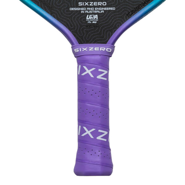 Close-up of the handle showing purple grip with white "SIXZERO" and "IXZ" text, and a blue-to-purple gradient on the paddle edge.