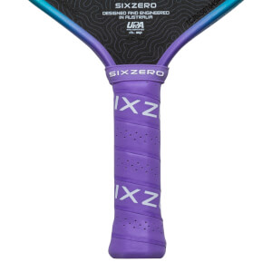 Close-up of the handle showing purple grip with white "SIXZERO" and "IXZ" text, and a blue-to-purple gradient on the paddle edge.