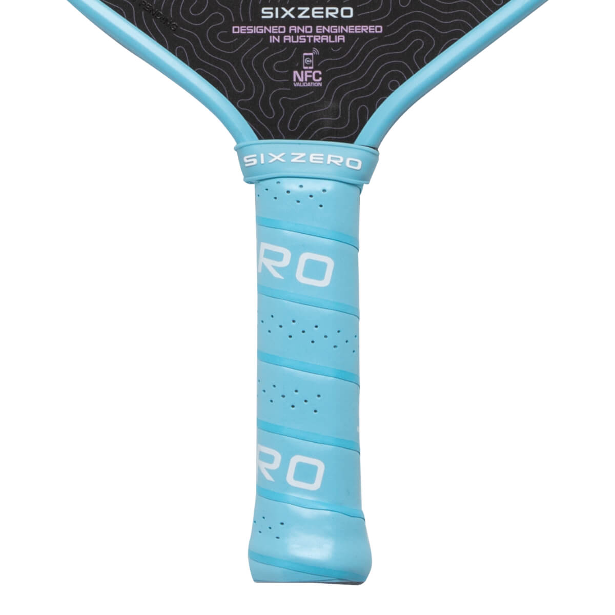 Close-up of a light blue wrapped pickleball paddle handle and black face featuring "SIXZERO" branding and a light pink topographic pattern.