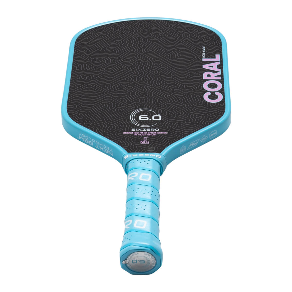 Angled front view of a Six Zero Coral pickleball paddle featuring a light blue frame and grip, a black topographic patterned face, and pink "CORAL" lettering.