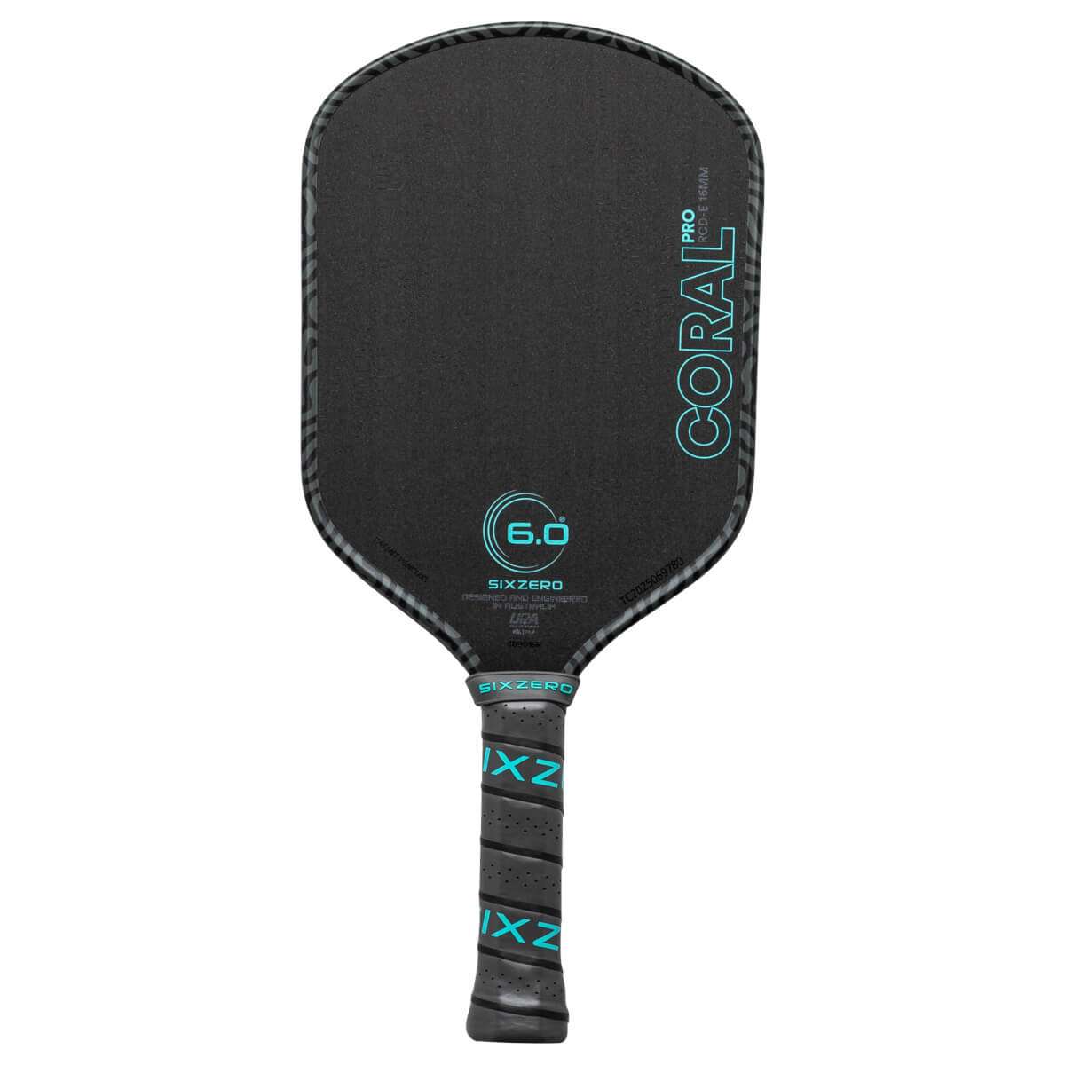 Front view of a black pickleball paddle with "CORAL PRO" and "6.0" in teal text, and "SIXZERO" on the grip.