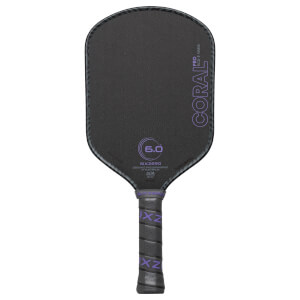 Back view of a black pickleball paddle with "CORAL PRO RCD-E 16MM" and "SIXZERO" text in purple.