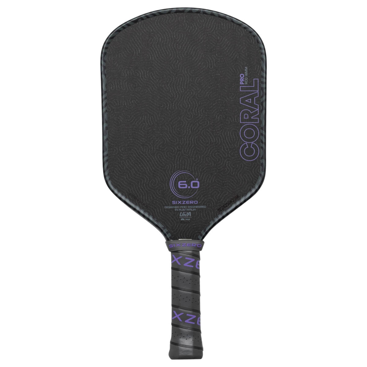 Back view of a black pickleball paddle with a textured surface, "CORAL PRO" and "6.0" visible.