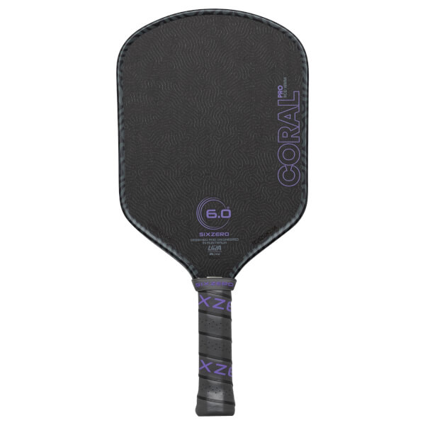 Back view of a black pickleball paddle with a textured surface, "CORAL PRO" and "6.0" visible.