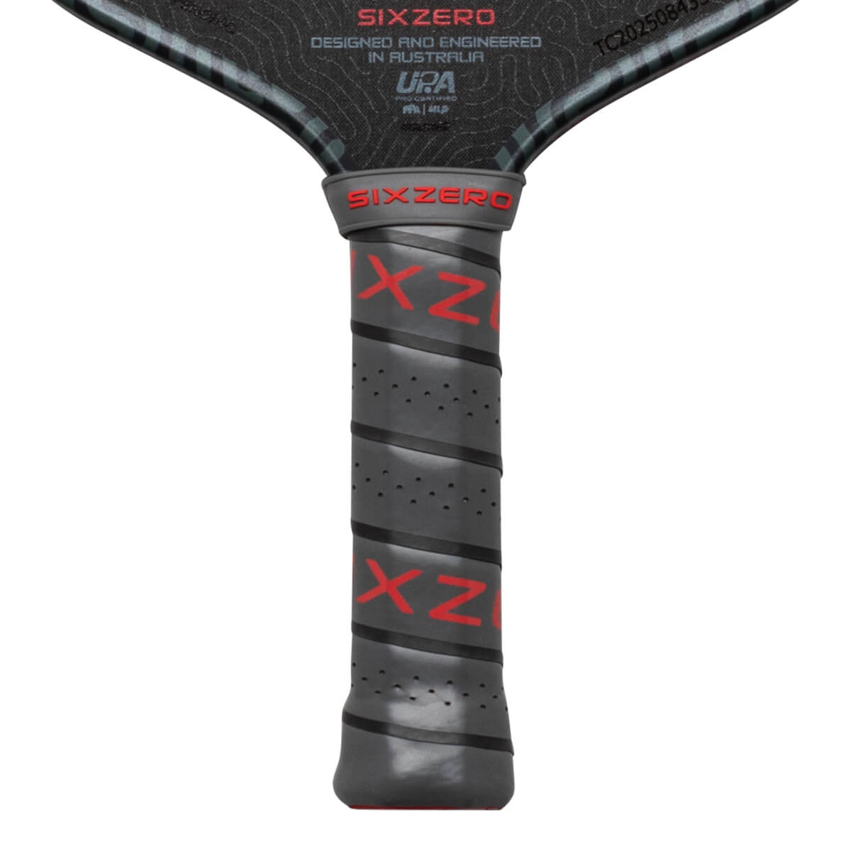 Close-up of the grip showing red "SIX ZERO" text and textured gray material.