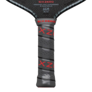 Close-up of the grip showing red "SIX ZERO" text and textured gray material.