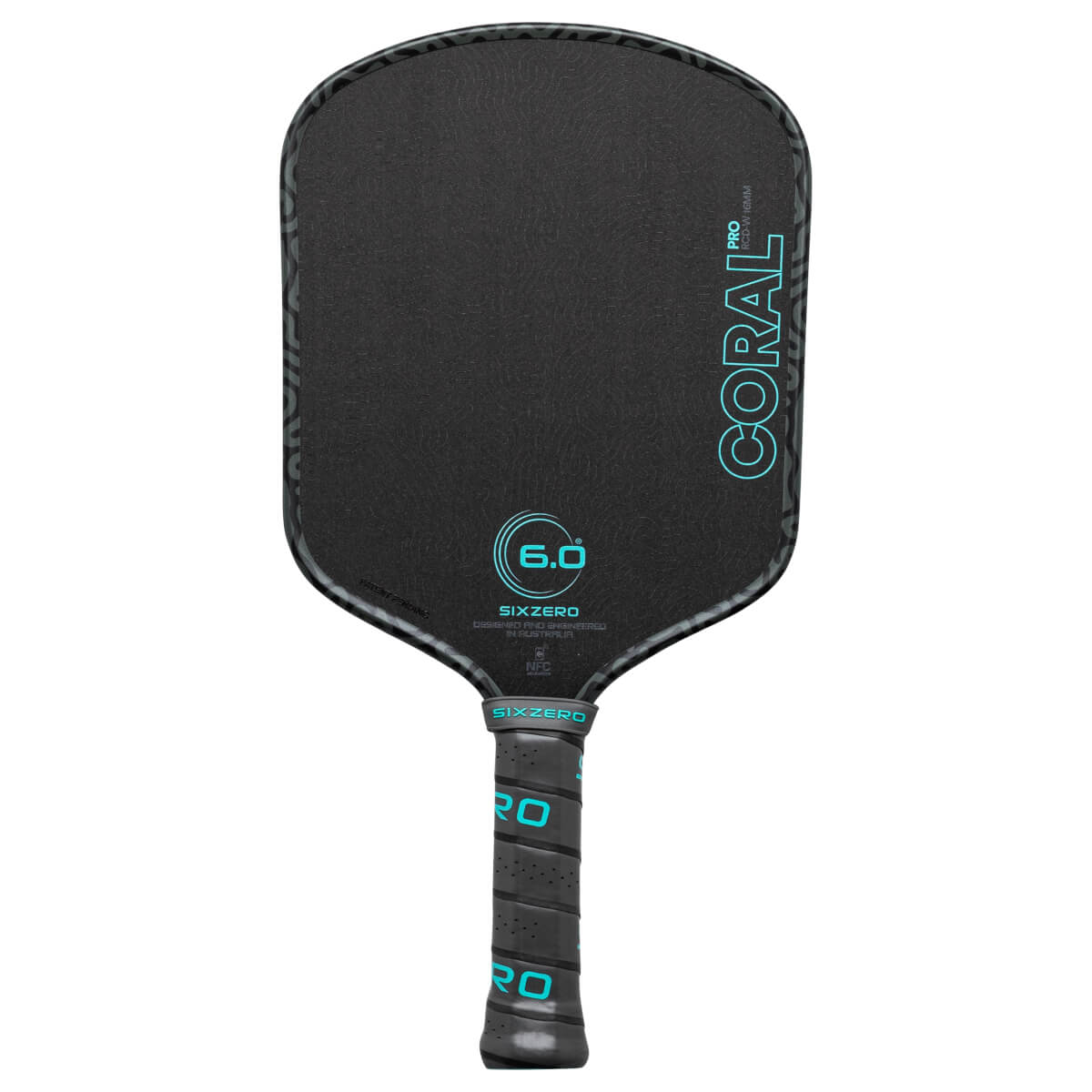 Front view of a black pickleball paddle with "CORAL PRO 6.0" in turquoise text and a textured surface.