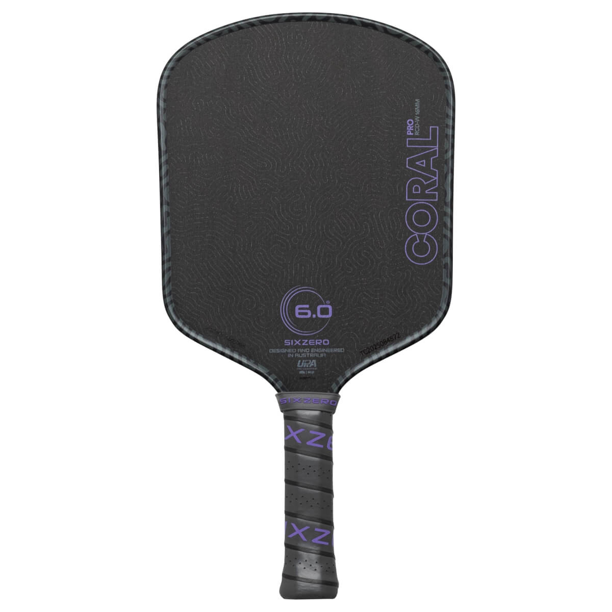 Front view of a black pickleball paddle with purple "CORAL PRO" text and a "6.0" graphic.