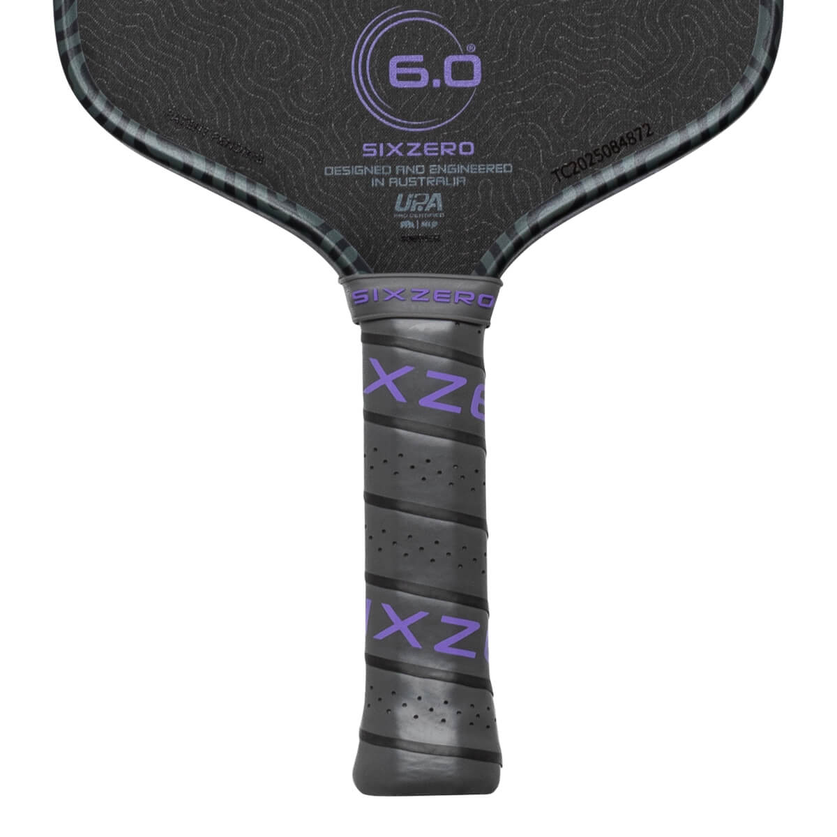Top-down view of a pickleball paddle showing the "SIXZERO" logo, "6.0" in a circle, and a textured grip with purple "XZ" lettering.