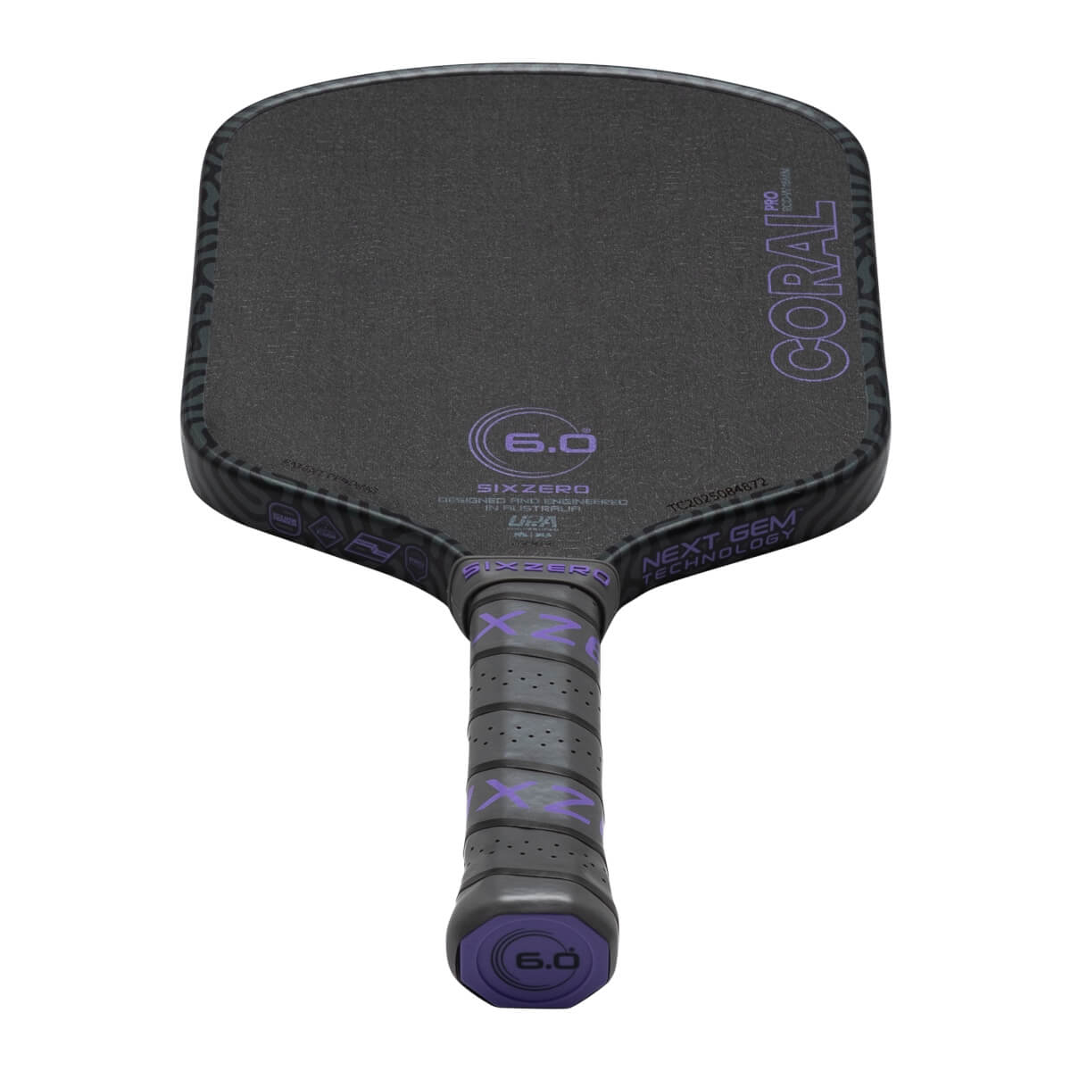Top-down view of a black pickleball paddle with purple "CORAL PRO" text, "SIXZERO" logo, and "6.0" markings.