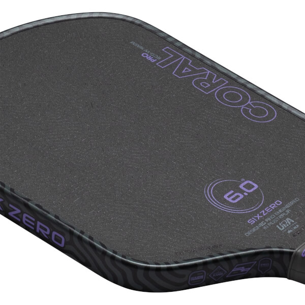 Top-down view of a pickleball paddle showing the "CORAL" and "SIXZERO" logos, and a "6.0" indicator.
