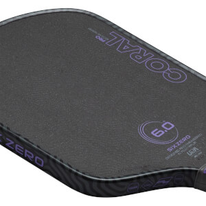 Top-down view of a pickleball paddle showing the "CORAL" and "SIXZERO" logos, and a "6.0" indicator.