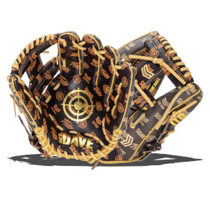 Front view of two baseball gloves with gold "SUAVE" text, target, and "SOLDIER" pattern.
