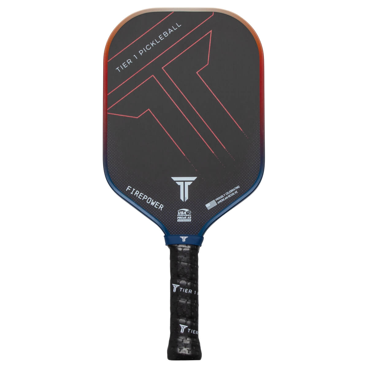 Front view of a black pickleball paddle with red and blue accents, featuring "TIER 1 PICKLEBALL" and "FIREPOWER" text.