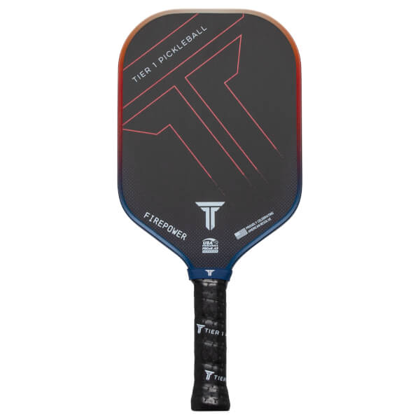 Front view of a black pickleball paddle with red and blue accents, featuring "TIER 1 PICKLEBALL" and "FIREPOWER" text.