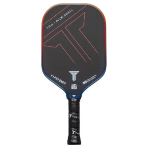 Front view of a black pickleball paddle with red and blue accents, featuring "TIER 1 PICKLEBALL" and "FIREPOWER" text.