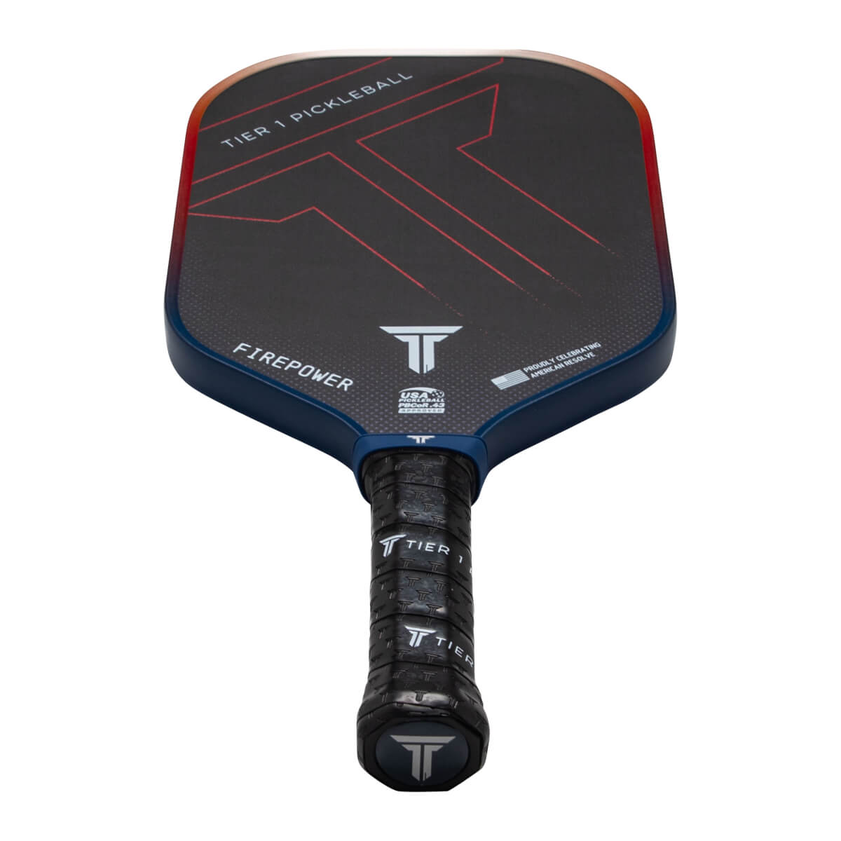 Top-down view of a black pickleball paddle with red accents, "TIER 1 PICKLEBALL" text, and a "FIREPOWER" label.