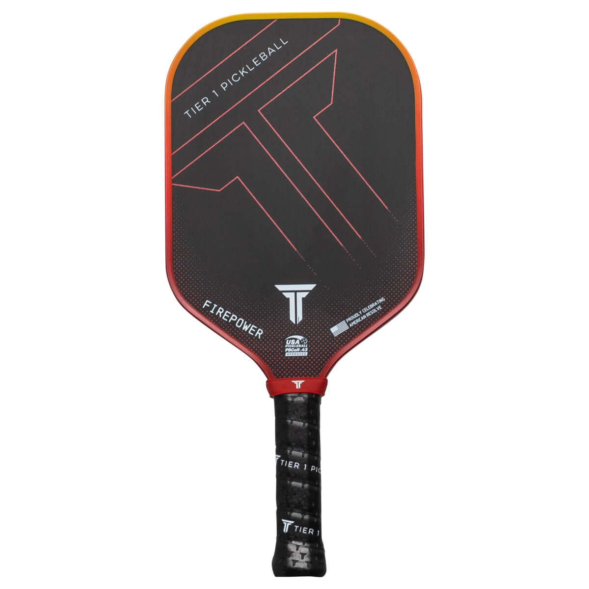 Front view of a black pickleball paddle with red and yellow accents, featuring "TIER 1 PICKLEBALL" and "FIREPOWER" text.