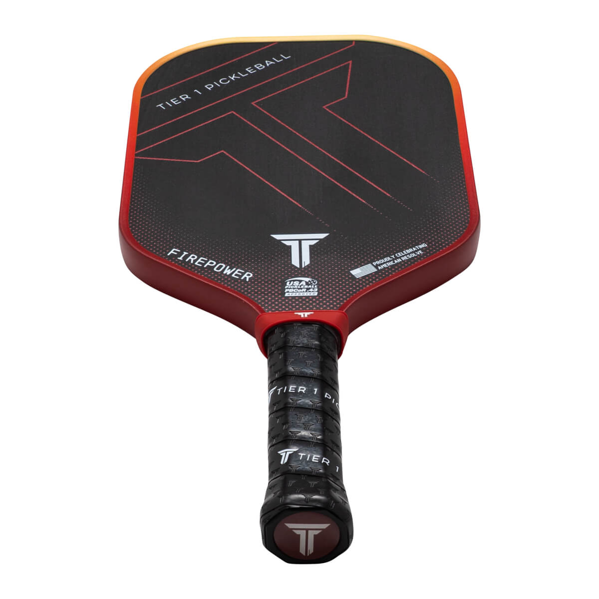 Top-down view of a red and black pickleball paddle with "TIER 1 PICKLEBALL" and "FIREPOWER" text.