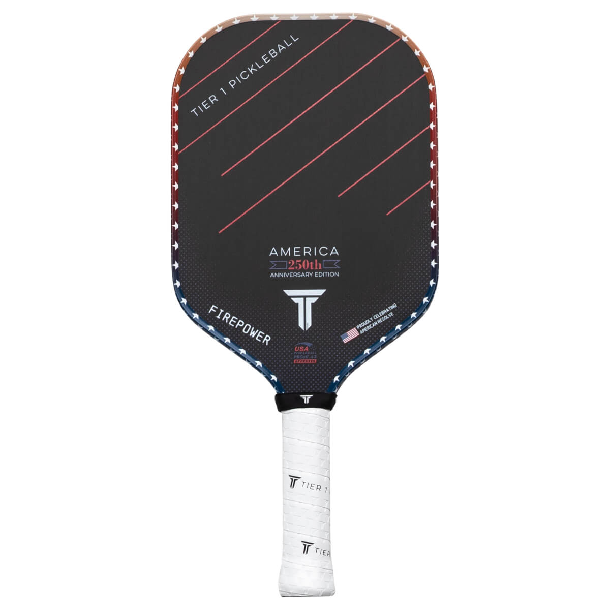 Front view of a black pickleball paddle with red stripes, white stars, and "AMERICA 250th ANNIVERSARY EDITION" text.