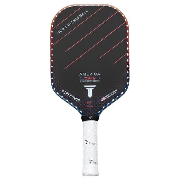 Front view of a black pickleball paddle with red stripes, white stars, and "AMERICA 250th ANNIVERSARY EDITION" text.