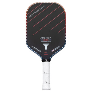 Front view of a black pickleball paddle with red stripes, white stars, and "AMERICA 250th ANNIVERSARY EDITION" text.