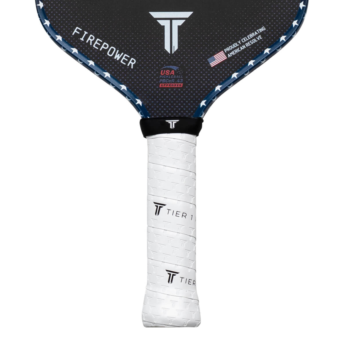 Top-down view of a pickleball paddle with "FIREPOWER" and a USA flag graphic.