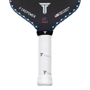 Top-down view of a pickleball paddle with "FIREPOWER" and a USA flag graphic.