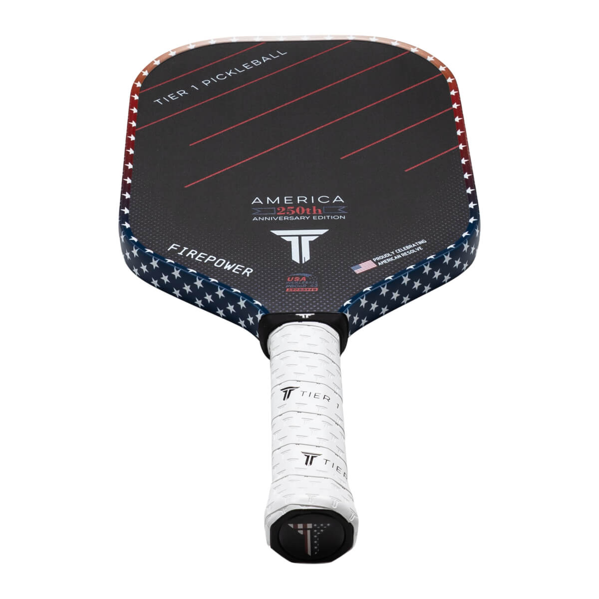 Front view of a pickleball paddle with a black face, red stripes, and a star-spangled border.