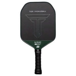 Front view of a black pickleball paddle with "TIER 1 PICKLEBALL" and a "T" logo.