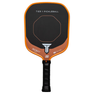 Front view of a black and orange pickleball paddle with "TIER 1 PICKLEBALL" and "RECRUIT 16MM" visible.