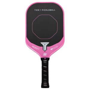 Front view of a pink and black Tier 1 Pickleball paddle, showing the "RECRUIT" text and a T logo.
