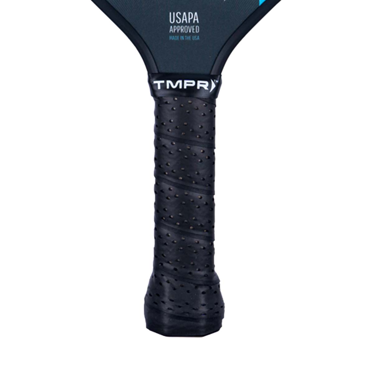 Close-up of a black pickleball paddle grip with TMPR branding and USAPA approved text.