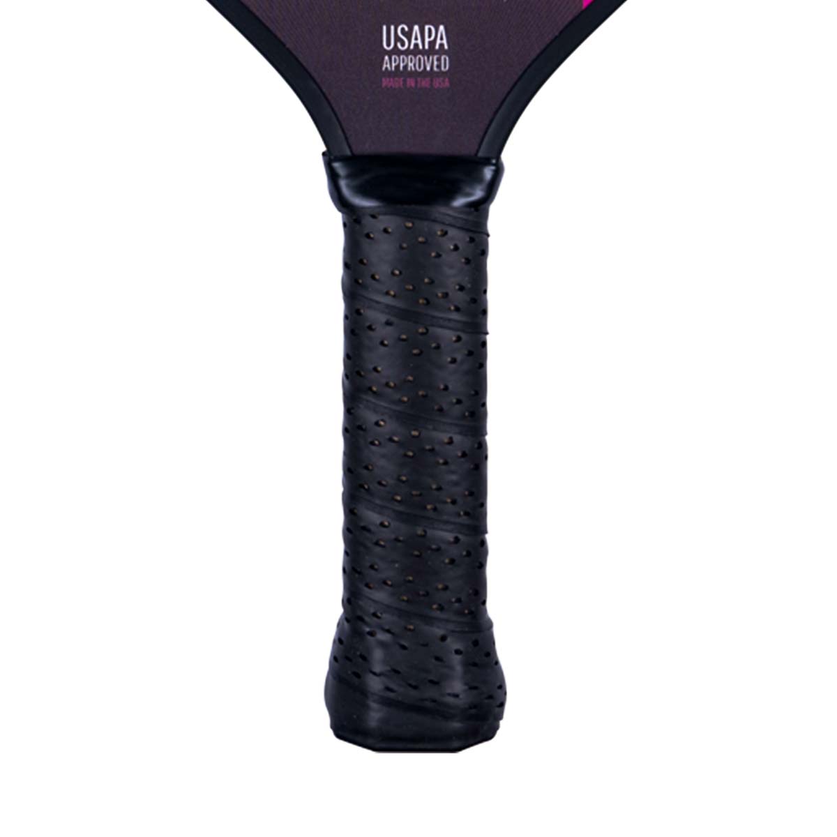 Close-up of a black pickleball paddle grip with USAPA APPROVED text.