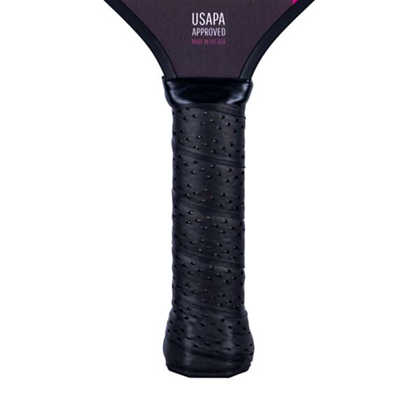 Close-up of a black pickleball paddle grip with USAPA APPROVED text.