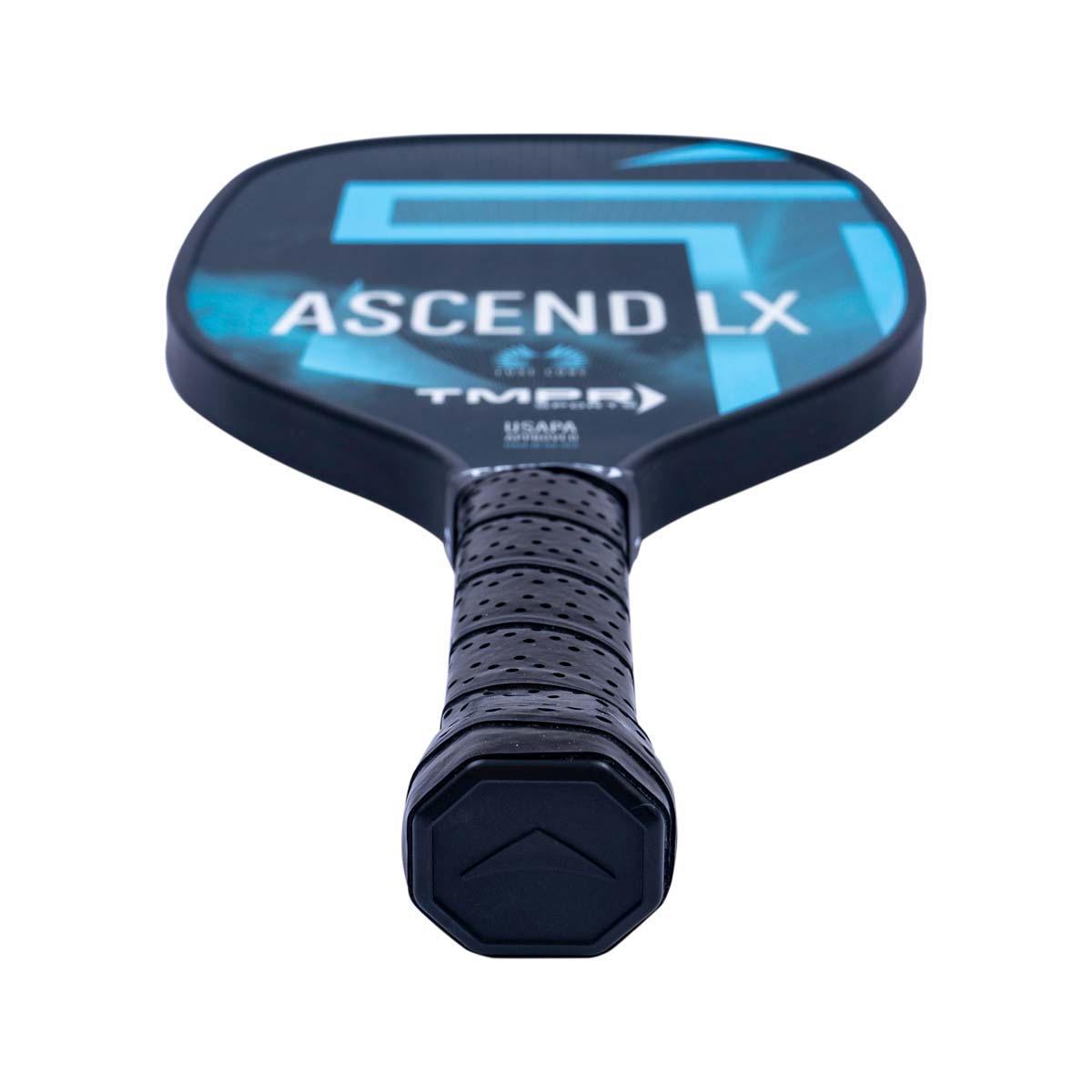 Top-down view of a black pickleball paddle with blue ASCEND LX text and a perforated grip.