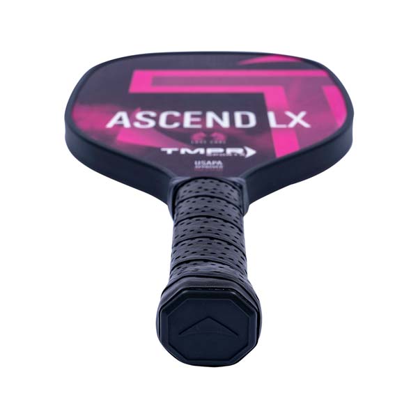 Top-down view of a black pickleball paddle with pink accents, ASCEND LX text, and a perforated grip.