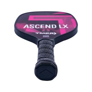 Top-down view of a black pickleball paddle with pink accents, ASCEND LX text, and a perforated grip.