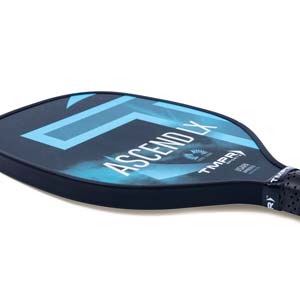 Side view of a black pickleball paddle with blue geometric graphics, ASCEND LX text, and TMPR Sports branding.