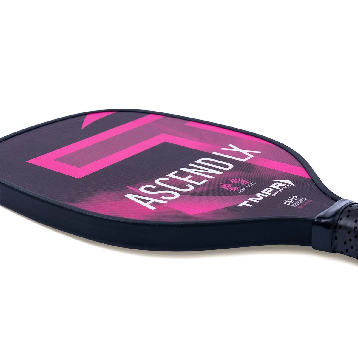 Side view of a black pickleball paddle with pink geometric accents, ASCEND LX text, and TMPR SPORTS logo.