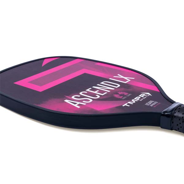 Side view of a black pickleball paddle with pink geometric accents, ASCEND LX text, and TMPR SPORTS logo.
